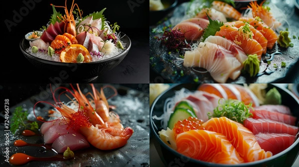 Fototapeta Sashimi with seafood on a black background. Michelin-starred restaurant menu. Culinary art. Japanese food.