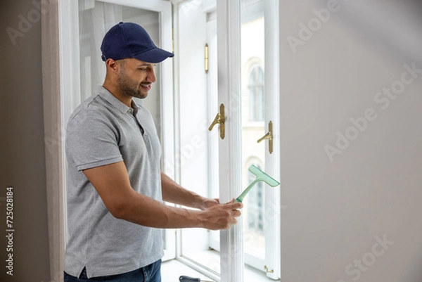 Fototapeta Bearded man washing dusty window in apartment.