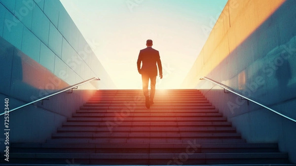 Fototapeta Businessman walking up on staircase.