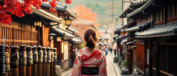 Fototapeta Immersed in a different culture, a foreigner enjoys life in a place like Kyoto. Ai Generated.