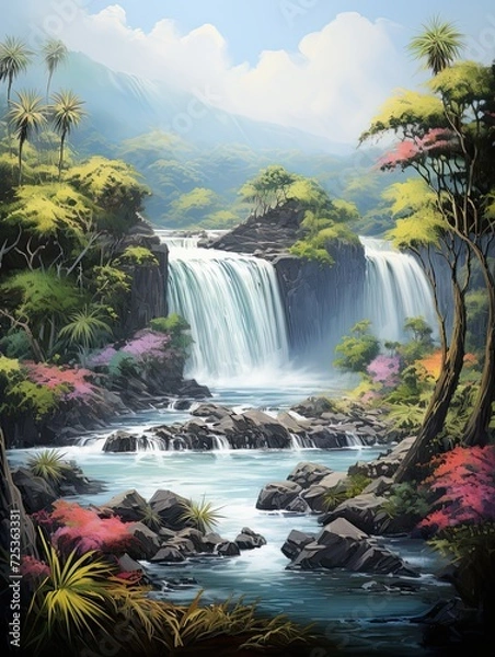 Obraz Captivating Lagoon Waterfalls: Majestic Beach Scene Painting and Breathtaking Water Landscapes