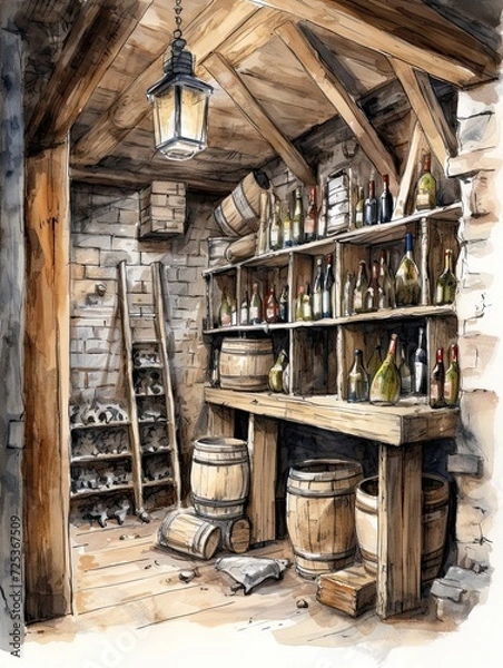 Fototapeta Rustic Wine Cellar Art: Vintage Wine Bottle Sketch in Farmhouse Style