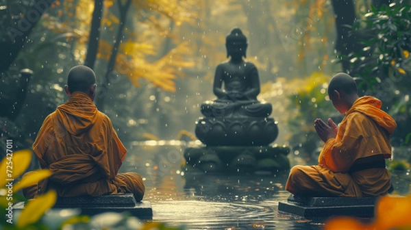 Fototapeta Buddhist monks engaging near serene Buddha statue in the rain. Harmony and Serenity Concept. Generative AI.