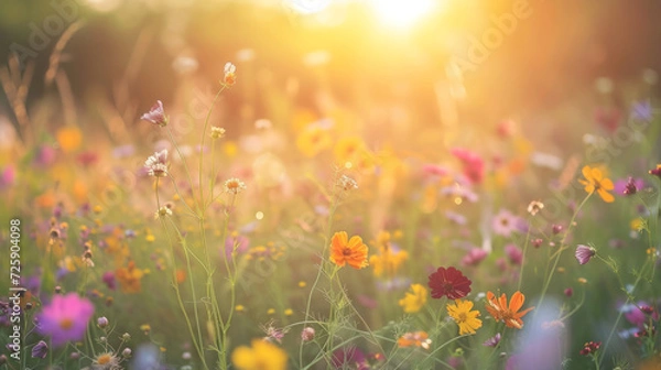 Fototapeta Wide field of wildflowers in summer sunset, panorama blur background. Autumn or summer wildflowers background. Shallow depth of field