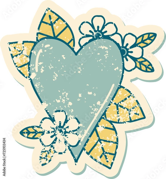 Fototapeta distressed sticker tattoo style icon of a botanical heart