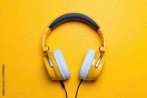 Fototapeta Big classic yellow headphones  with white and black  colors at yellow background. Isolated. Generative AI. 