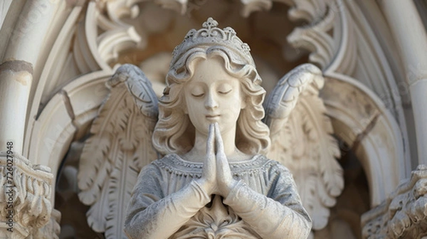 Fototapeta With hands clasped in prayer and eyes cast downward the stone angel sentinels of a Gothic cathedral exude a sense of eternal peace and tranquility.