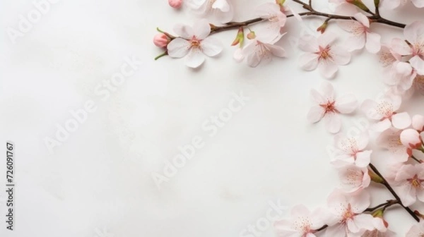 Fototapeta Flat lay of delicate cherry blossoms on a clean white background with soft natural light.