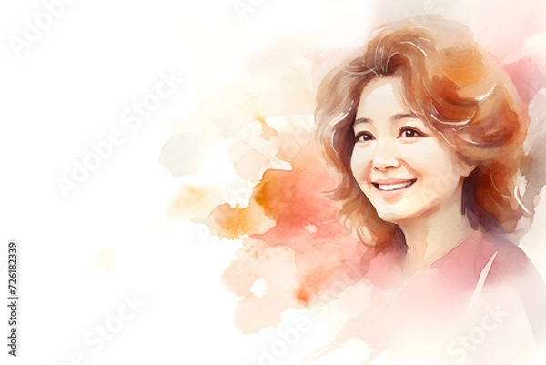 Fototapeta Watercolor gentle Asian woman portrait on white background for mother wife holiday decoration design