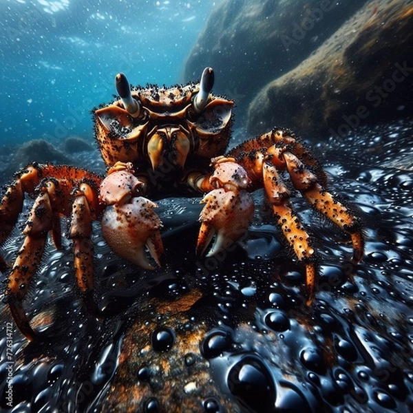 Obraz A crab lives among an oil spill. Ecology. Generative AI