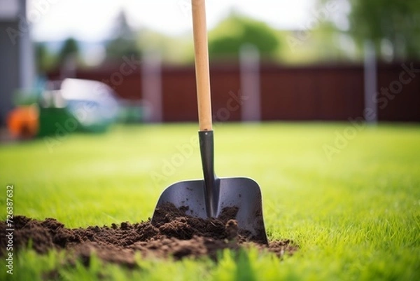 Fototapeta shovel filled with organic compost over green grass