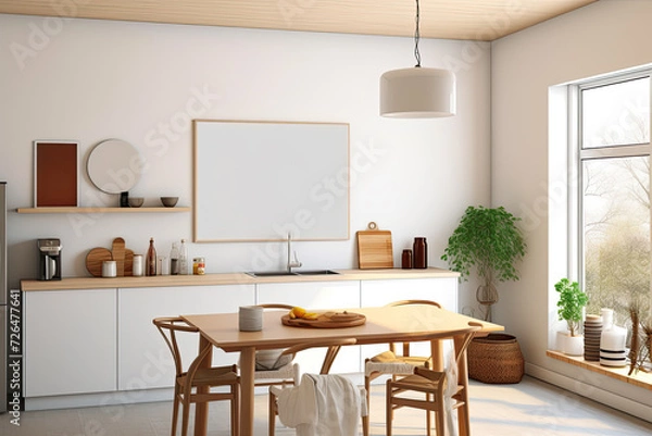 Fototapeta Modern Kitchen with Wooden Dining Table and Blank Canvas - Generative AI