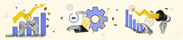 Fototapeta Kreatywny panorama kolaż ilustracja analizy operacji finansowych Diagram i statystyki transfer pieniężnych izolowane na beżowym tle
