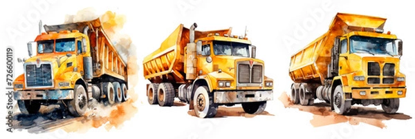 Fototapeta Set of watercolor dump truck, isolated on transparent background