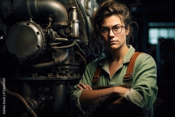 Fototapeta genderqueer individual stands confidently in an industrial workspace, their expression reflecting the pride and precision of their craft