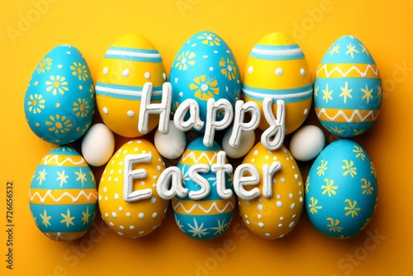 Fototapeta  Colorful Happy Easter letters message with decorative eggs on a pastel yellow background.