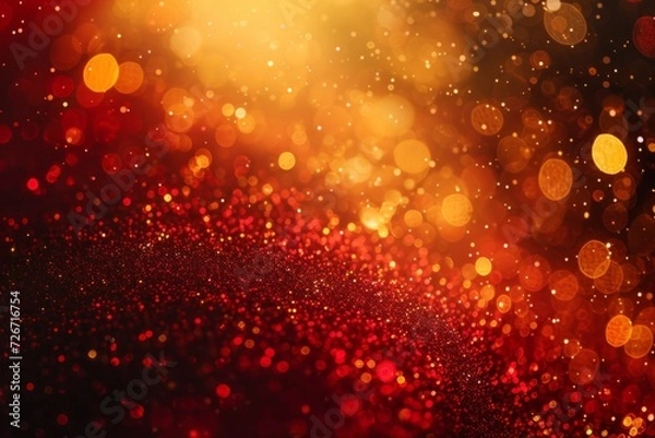 Fototapeta Capturing The Festive Christmas Atmosphere: Golden Light Particles And Bokeh On Red Background With Symmetrical Composition And Ample Copy Space