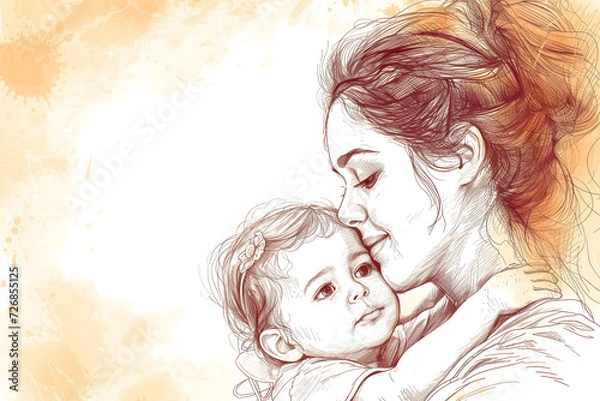 Fototapeta Mother and child bond, happy mothers day celebration, illustration in line drawing style.