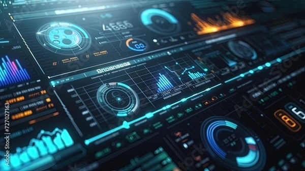 Fototapeta Close-up of an advanced control panel with futuristic data analysis interface, featuring glowing charts and interactive dials in blue and orange hues.