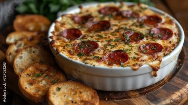 Fototapeta Homemade Pepperoni Pizza Appetizer Dip with Toasted Bread