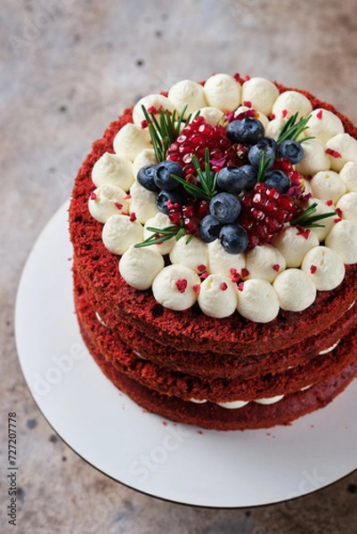 Fototapeta Sponge cake red velvet. Cake with cream cheese cream and raspberry filling.