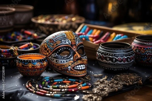 Fototapeta Festive mask among intricately designed pottery and colorful beaded jewelry