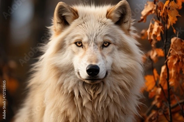 Fototapeta A photo of white wolf looking camera Generative AI