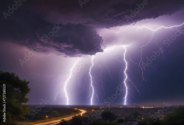 Fototapeta A thunderstorm with beautiful bright lightning, a strong storm with lightning, a riot of elements, natural phenomena,