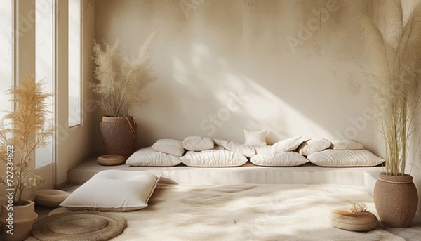 Fototapeta Interior photography of the Beige boho floral study with floor cushions, in style of the Barely There Florals