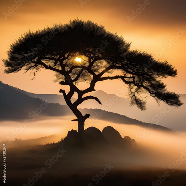 Fototapeta Lone Tree at Sunset in Foggy Mountains