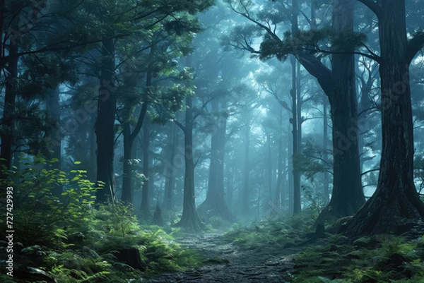 Fototapeta Design a mystical forest with towering trees and a foggy atmosphere