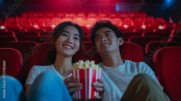 Fototapeta Happy trip of asian couple sweet sit togather on red seat and looking movie in cinema with fun a popcorn on hand, people relax and holiday activity on a weekend