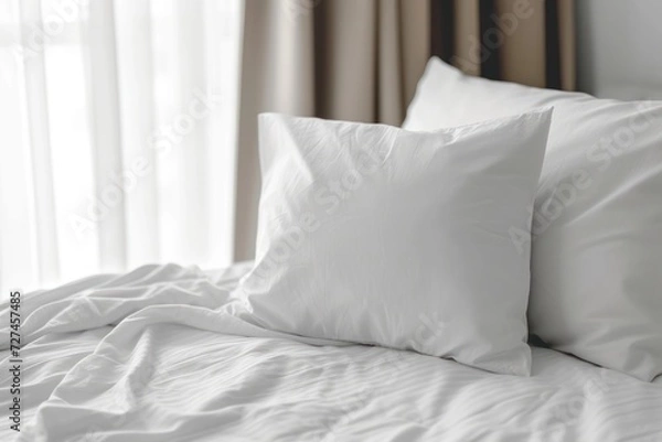 Fototapeta Blank soft pillow on the bed in bedroom.