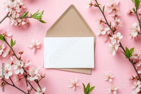 Fototapeta Cherry tree blossom, branches with white spring flowers and envelope over pink background