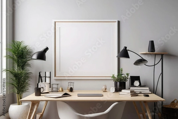 Fototapeta Sleek Workspace - 3D Rendering of Home Office Interior with Elegant Frame Mockup.