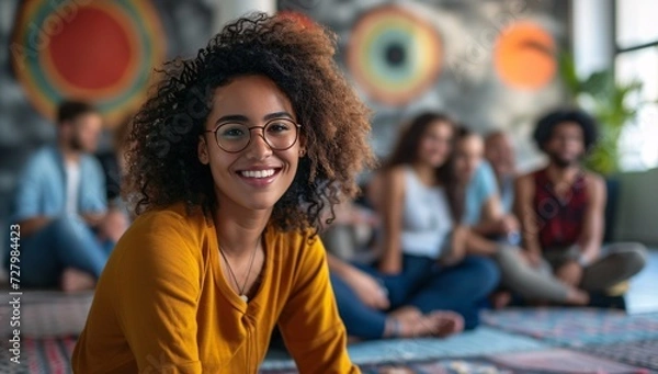 Fototapeta A woman radiates confidence and joy as she gazes at the camera, her warm smile framed by stylish glasses, and her outfit showcasing her unique sense of fashion, whether she's indoors or outdoors