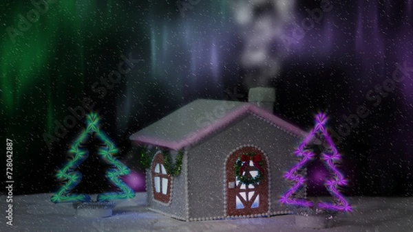 Fototapeta The house is decorated with a green garland.  Bright Christmas trees with neon.  Northern lights background.  Winter picture.