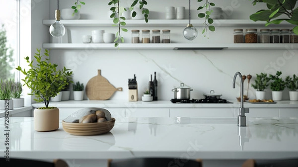 Fototapeta Scandinavian-inspired kitchen interior featuring open shelving, potted plants, and a minimalist aesthetic.