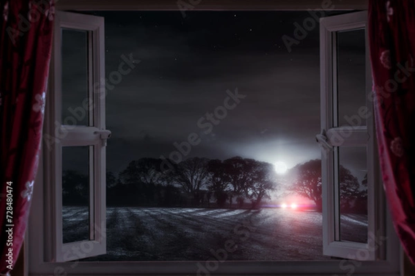 Obraz Open window at night with car lights