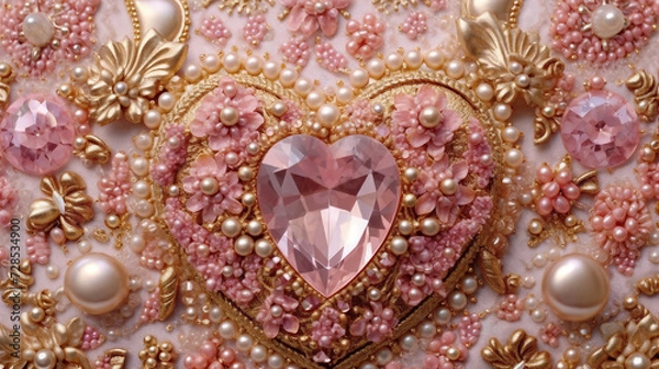 Fototapeta a heart shaped brooch with pearls and other jewels on a tablecloth with a pink heart surrounded by pearls, generative ai