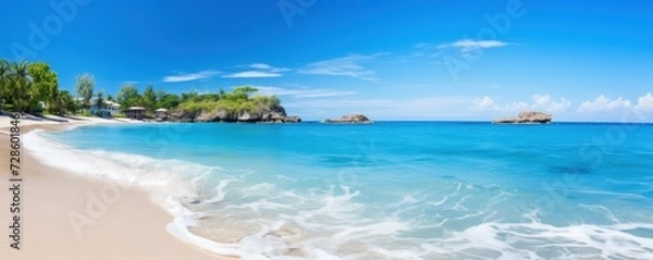 Fototapeta panoramic paradise with white sandy beach, azure sea waves, palm trees