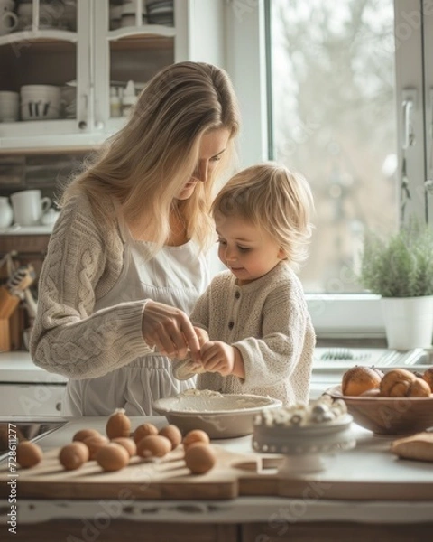 Fototapeta Woman and Child in a Kitchen