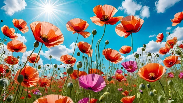 Fototapeta Colorful poppy flowers in the meadow against blue sky at sunny day.Natural floral background. Banner for design.AI generated.