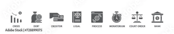 Obraz Bankruptcy icon set flow process illustrationwhich consists of bank ,court order, legal, moratorium, process, creditor, debt, crisis icon live stroke and easy to edit 