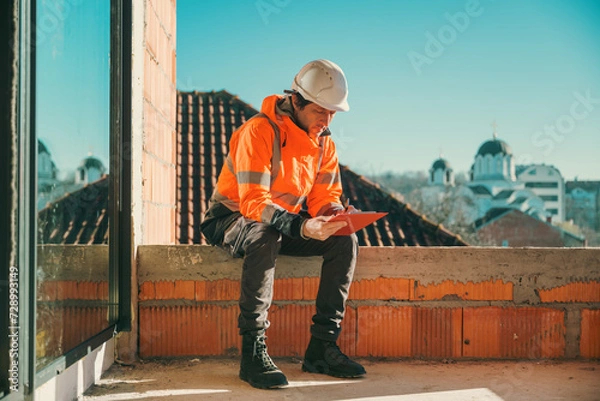 Fototapeta Architect and construction engineer making notes and remarks during building site inspection