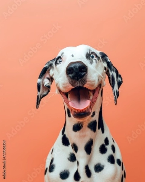 Fototapeta Delighted dalmatian dog with a wide open mouth and excited eyes against a bright orange background