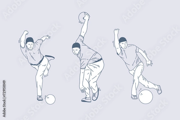 Fototapeta Set of outline illustrations of playing bowling