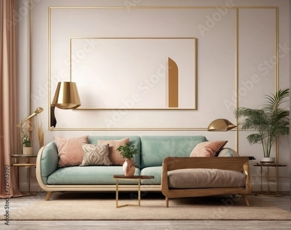 Fototapeta Nomadic Boho Interior: Apartment with Wooden Sofa and Frame on Wall
