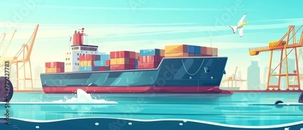 Fototapeta Cargo ship in sea or ocean. Freight transportation concept. Cargo Ship illustration banner with copy space. Logistics and transportation concept. Cargo ship. Freight transportation