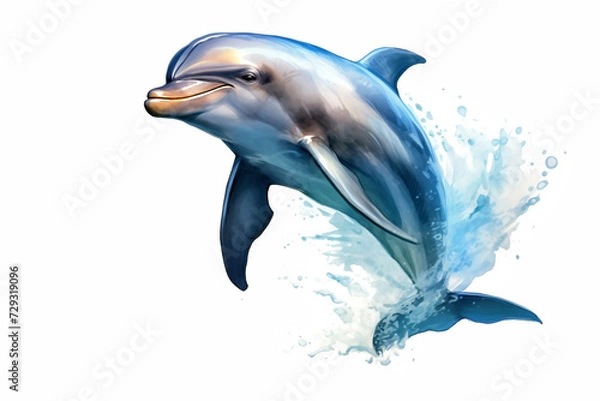 Fototapeta single jumping bottlenose dolphin isolated on white background